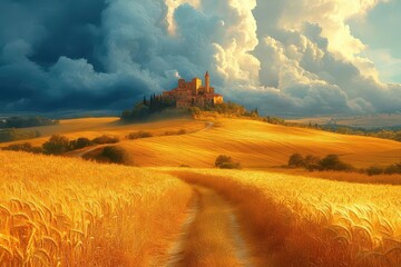 Fototapeta premium fairytale agrarian landscape whimsical castle perched atop rolling golden wheat fields majestic storm clouds gathering on distant horizon