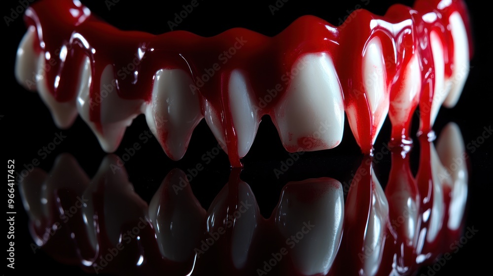 Poster a set of vampire fangs dripping with red liquid, reflecting on a dark surface.