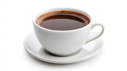 A steaming cup of coffee on a white saucer