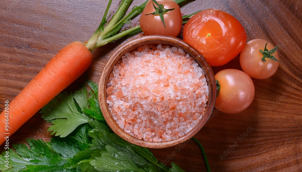 Wall mural Himalayan pink salt in wooden bowl, Healthy food ingredient. ai generated