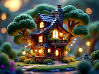 Fototapeta premium Cute Treehouse Tree House Building Home Trees Well Lit Miniature Graphic Design