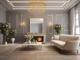 living room design in white colors with a sofa, chandelier and coffee table
