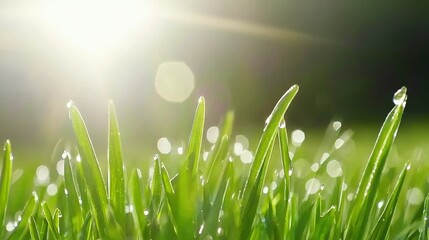   A close-up of lush green grass under the golden sun with dewy water droplets adorning each blade