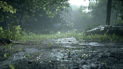Fototapeta premium Wet road amidst dense forest, surrounded by tall trees and lush greenery on either side