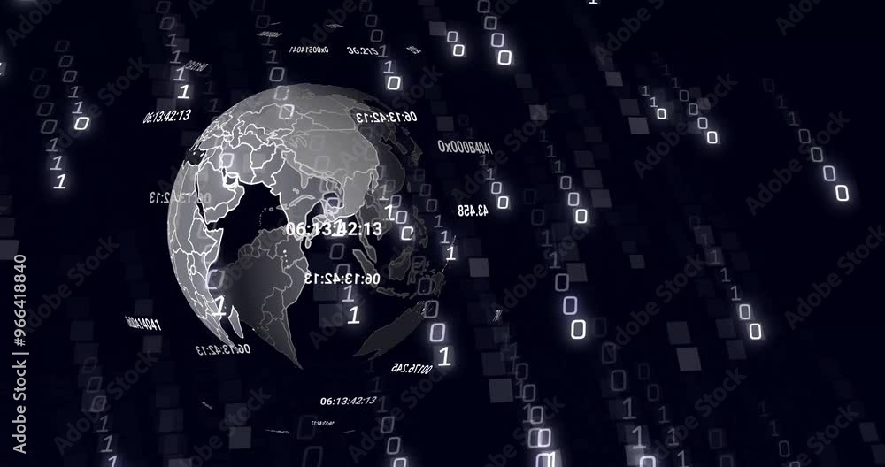 Poster animation of data processing and binary coding over globe