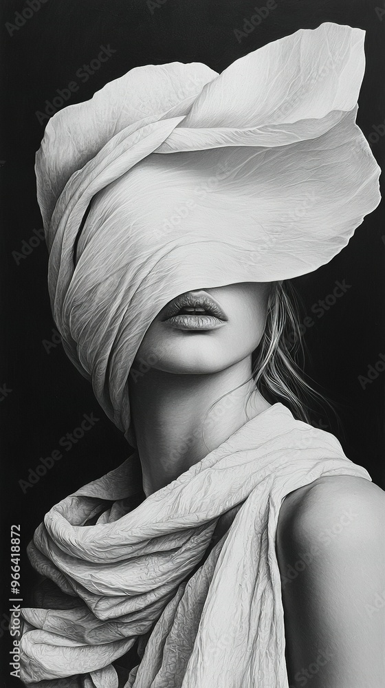 Poster   B&W photo of a woman in a white scarf holding a large leaf on her head