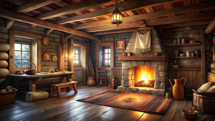 Cozy rustic cabin interior with warm wooden textures and crackling fireplace
