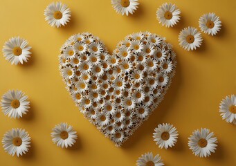 Obraz premium A heart-shaped arrangement of white daisies on a vibrant yellow background, symbolizing love and joy in floral design