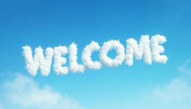 Welcome banner, the inscription of white fluffy clouds on a blue sky background