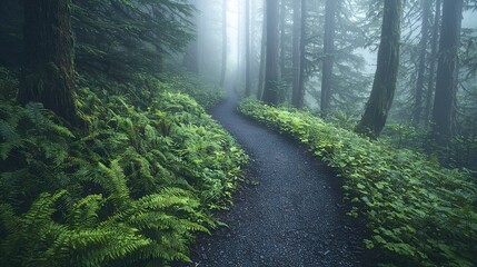 Fototapeta premium Path surrounded by fog with trees and ferns on both sides