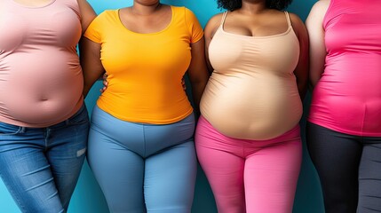 A group of women with different colored tops and pants are standing together
