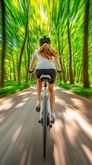 Naklejka premium A woman riding a bike down the road in front of trees, AI