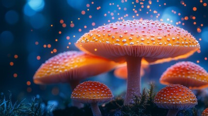 Obraz premium Fungal spore release from a vibrant mushroom cluster in a damp forest during twilight