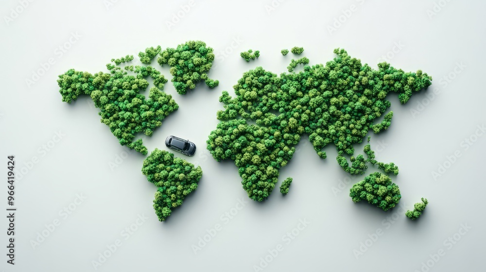 Poster green world map- 3d tree or forest shape of world map isolated on white background. world map green 