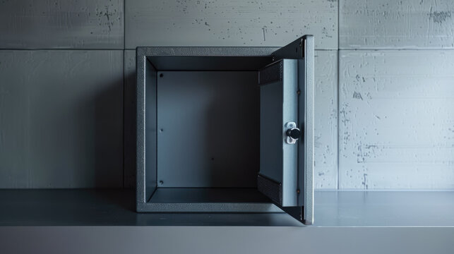 Open empty safe against grey wall, metal small safety box on shelf in room. Concept of protection, keeping, background, theft, home
