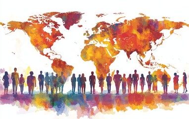 A colorful world map silhouette with diverse figures representing unity and global community.