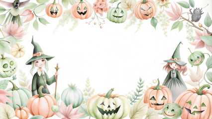 Fototapeta premium Whimsical Halloween illustration with witches and decorative pumpkins