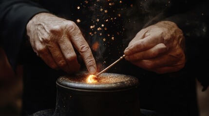 Magician hands with hat and magic wand