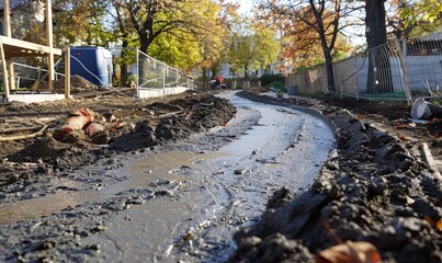 new cement path being smoothed