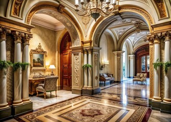 Fototapeta premium Elegant arched doorway with ornate carvings and intricate moldings frames a luxurious interior space with marble floors, columns, and lavish furnishings in sophisticated neutral tones.