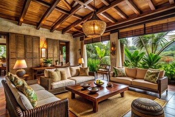 Fototapeta premium Elegant Filipino-inspired interior design concept featuring natural materials, woven textiles, and tropical elements, blending traditional and modern styles in a warm, inviting atmosphere.