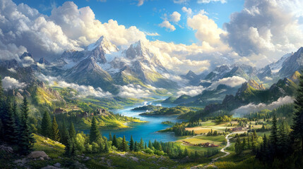 A stunning scene of nature with a river flowing through a beautiful mountain landscape. The sky is filled with clouds and the view includes a forest, a lake, an ocean, and a farm.