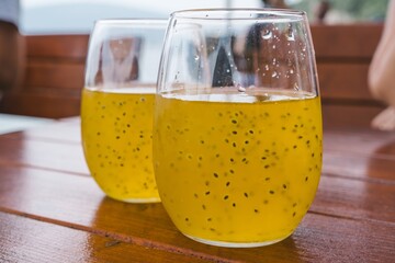 Two glasses of refreshing chia seed drink on table