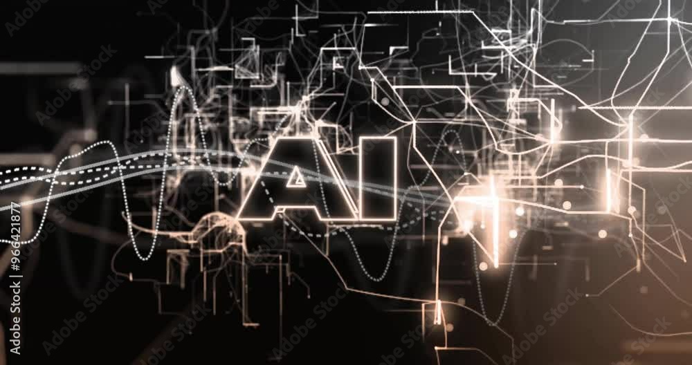 Poster animation of ai text, data processing and connections on black background