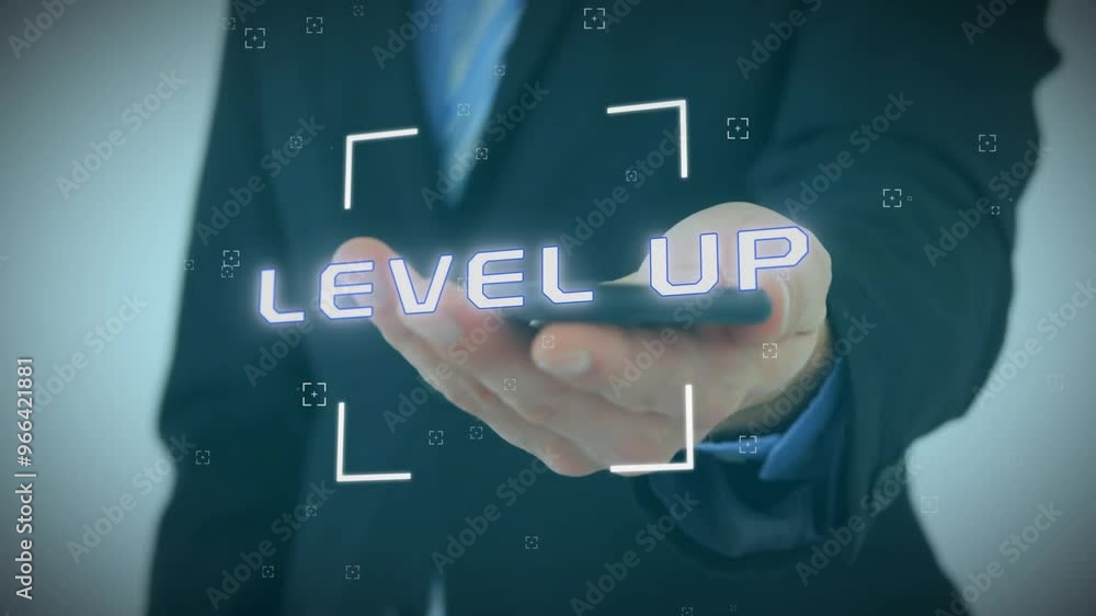 Poster animation of level up text and data processing over caucasian businessman using smartphone