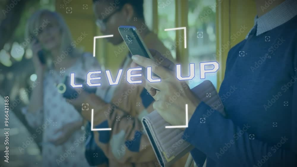 Poster Animation of level up text and data processing over caucasian businessman using smartphone