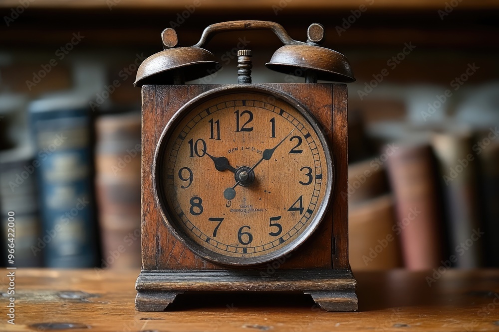 Wall mural antique wooden alarm clock with bells on a table