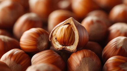 Obraz premium Close-up view of fresh hazelnuts. The background features more hazelnuts.