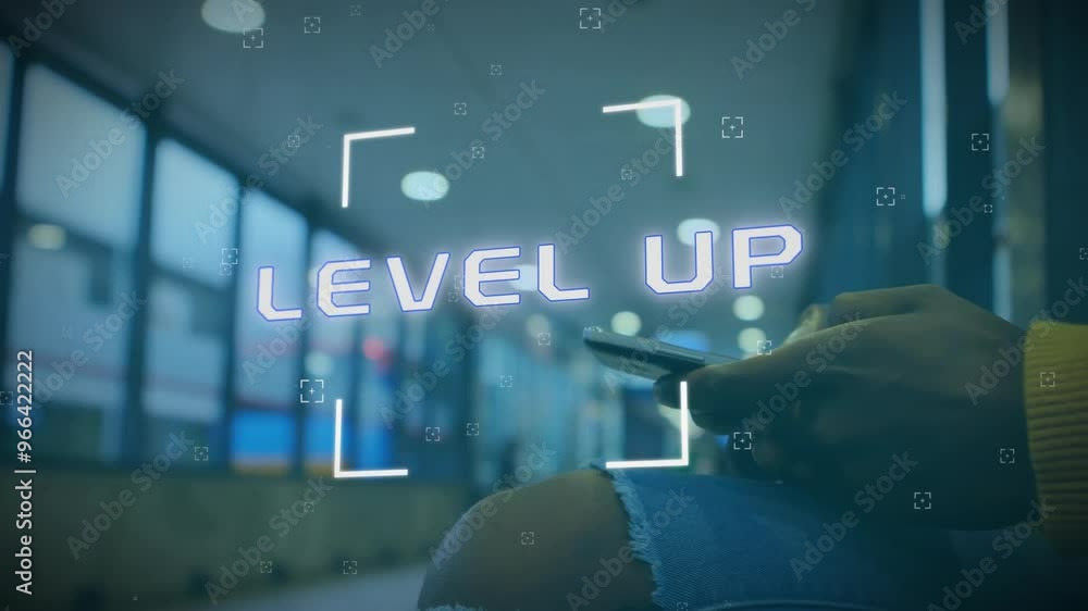 Aufkleber animation of level up text and data processing over african american woman using smartphone