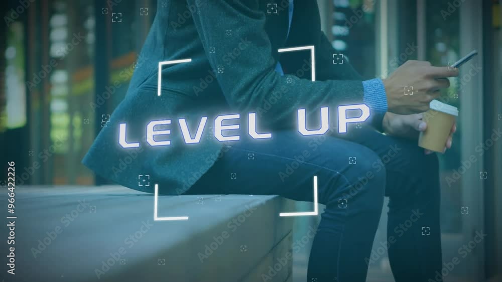 Poster animation of level up text and data processing over caucasian businessman using smartphone