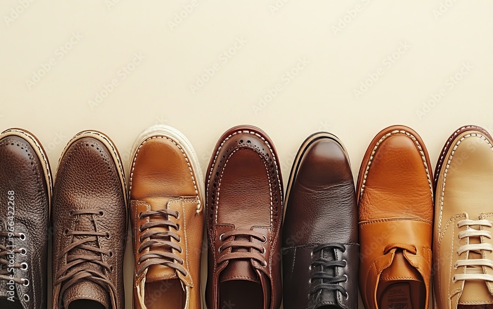 Poster a collection of various styles of men's shoes arranged neatly in a row on a light background.