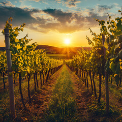 Naklejka premium Rows of Grapevines at Sunset, Golden light illuminates lush grapevines 