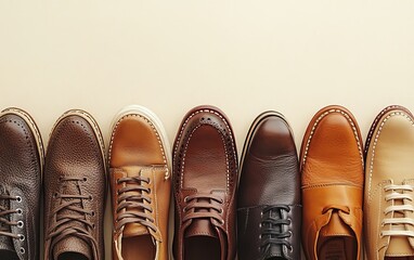 A collection of various styles of men's shoes arranged neatly in a row on a light background.
