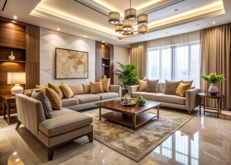 Elegant living room with modern furniture, neutral tones, and stylish decor, showcasing the expertise of a renowned interior designer in Hyderabad's luxurious homes.