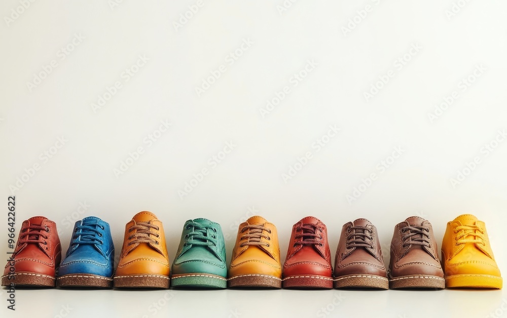 Poster a colorful array of shoes displayed in a row, showcasing various shades and styles for fashion or re