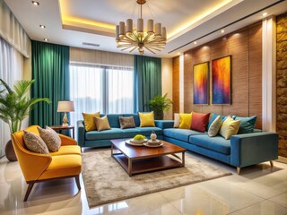 Fototapeta premium Elegant living room with sleek furniture, vibrant colors, and modern decor, showcasing the expertise of affordable interior designers in Hyderabad, India.