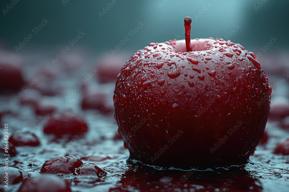 Poster a single red apple covered in water droplets resting in a pool of red liquid