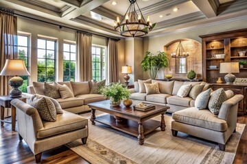 Elegant living room with soft, muted colors, plush sofas, and rustic accents, evoking a sophisticated, timeless atmosphere perfect for relaxation and entertainment.