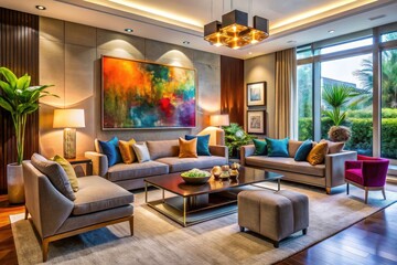 Fototapeta premium Elegant living room with vibrant artwork, sleek furniture, and modern decor, perfectly lit, showcasing exceptional design skills and creative vision in a prestigious competition.