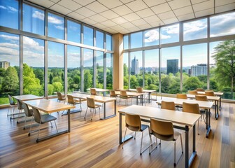 Fototapeta premium Elegant modern classroom with sleek chairs, polished wood tables, and floor-to-ceiling windows, ideal for learning interior design principles and certificate programs.