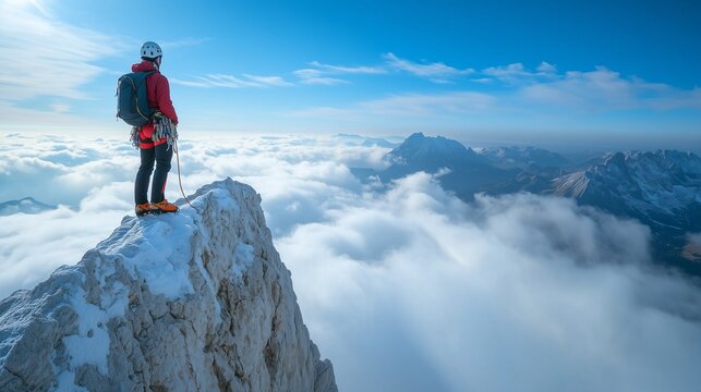 A climber on the top of a conquered mountain. Successful ascent.