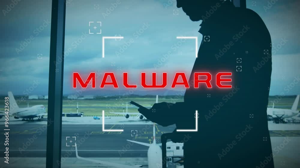 Poster animation of malware text and data processing over caucasian man using smartphone