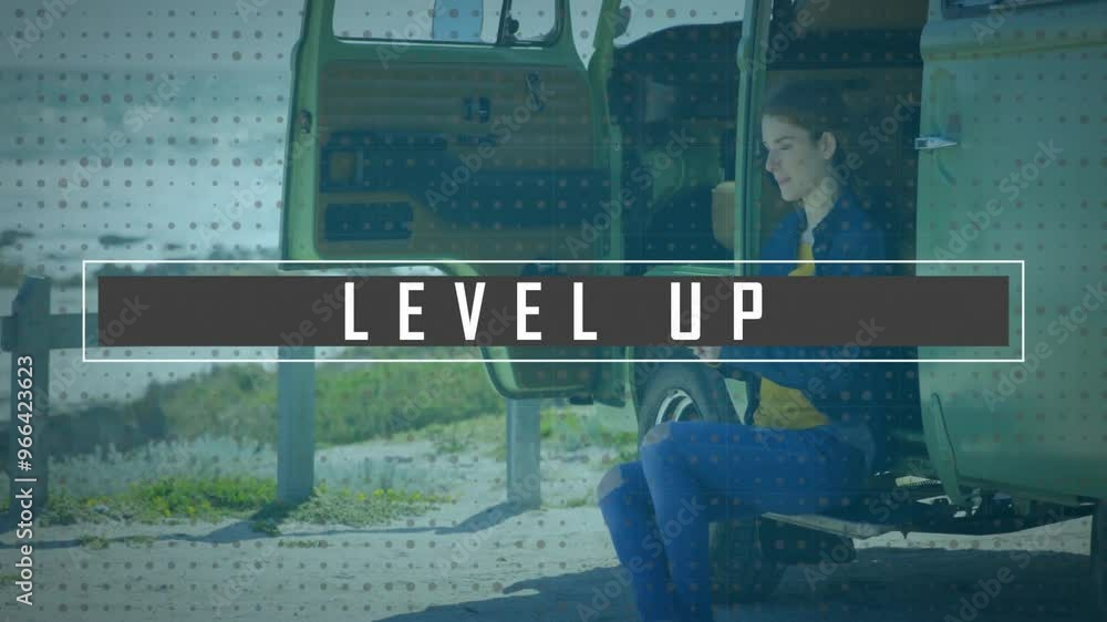 Poster animation of level up text and data processing over caucasian woman using smartphone