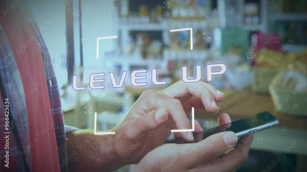 Poster animation of level up text and data processing over caucasian man using smartphone