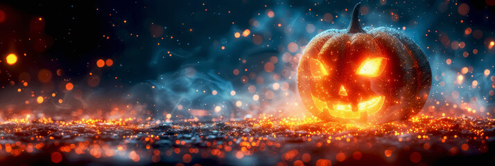 Glowing Jack O' Lanterns at night. Halloween Background