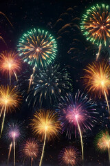 Fototapeta premium Vibrant Fireworks Display with Radiant Bursts of Red, Blue, and Gold Streaks Against Night Sky – Dazzling Explosions and Intricate Patterns Evoking Awe, Wonder, and Celebration Magic
